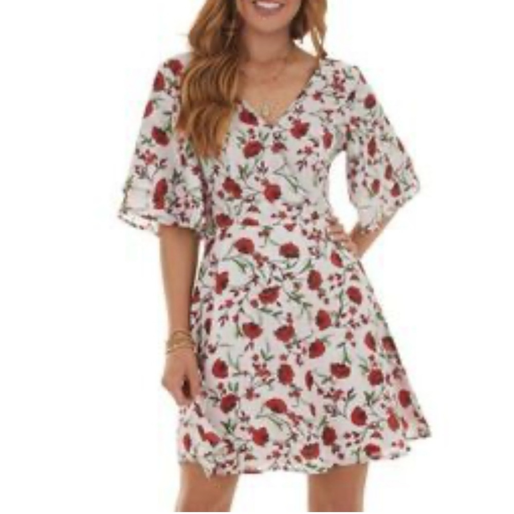 NWT rokoko Floral Midi Dress in Blush Pink & Red Flutter Sleeves Feminine Pretty